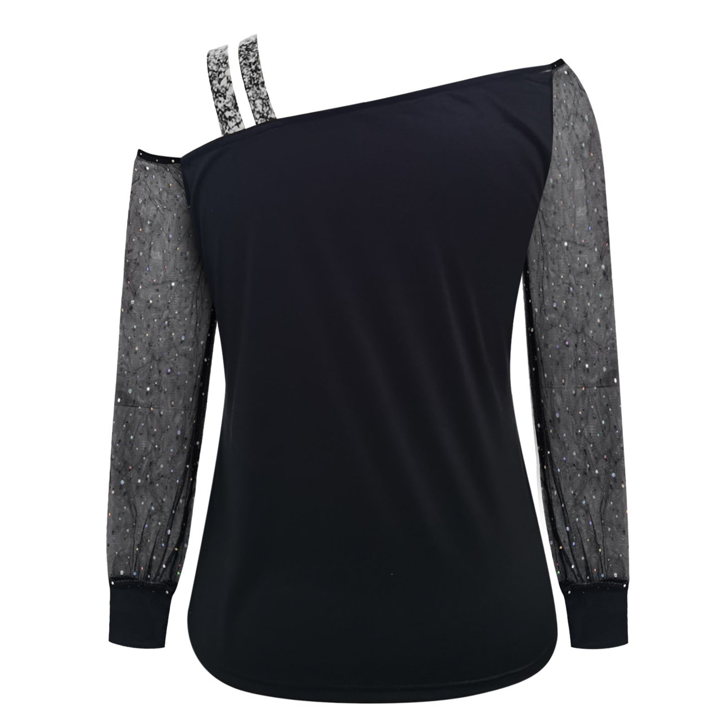 Summer Casual Long Sleeve Women Tops Sequin Print Sexy Mesh Blouse Cold Shoulder Black Shirt Slim Tight Shirts Blusas