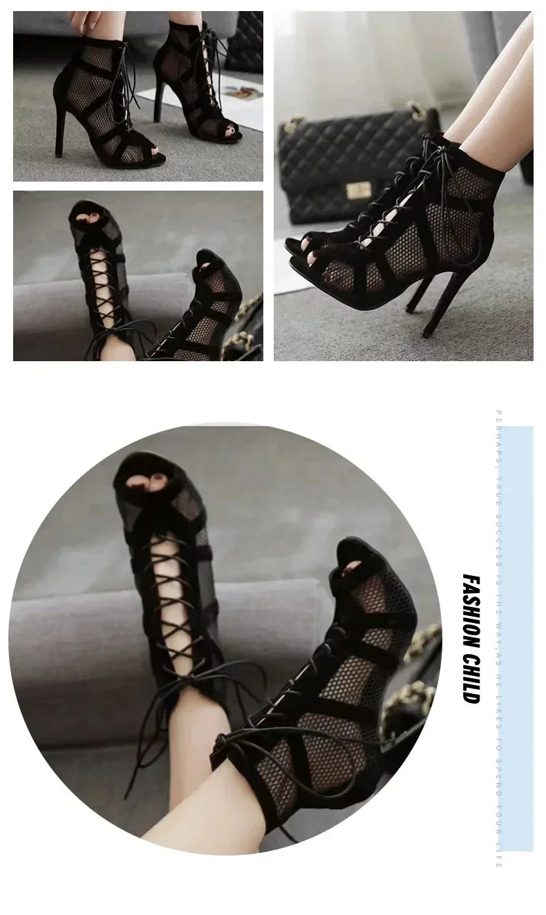 Sexy High Heels Hollow Mesh Sandals Women Summer Cross-tied Peep Toe Heeled Sandals Ankle Strap Dance Shoes Black Net Sandals