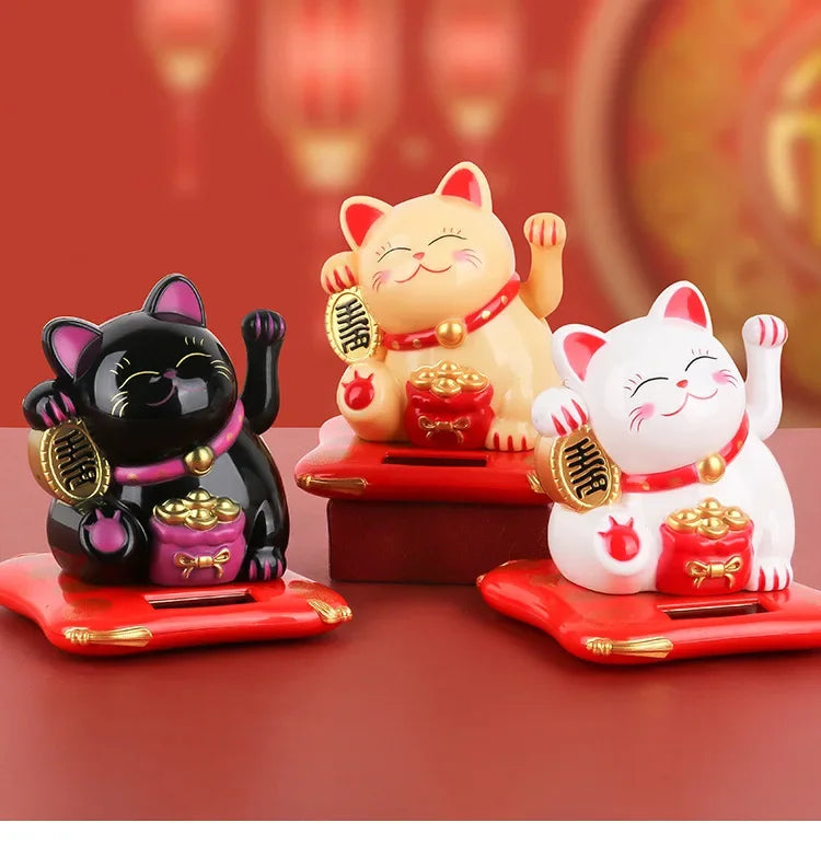 Solar Powered Maneki Neko Lucky Cat Welcoming Chinese Lucky Cat Waving Hand Beckoning Fortune Cat Figurines For Home Decor