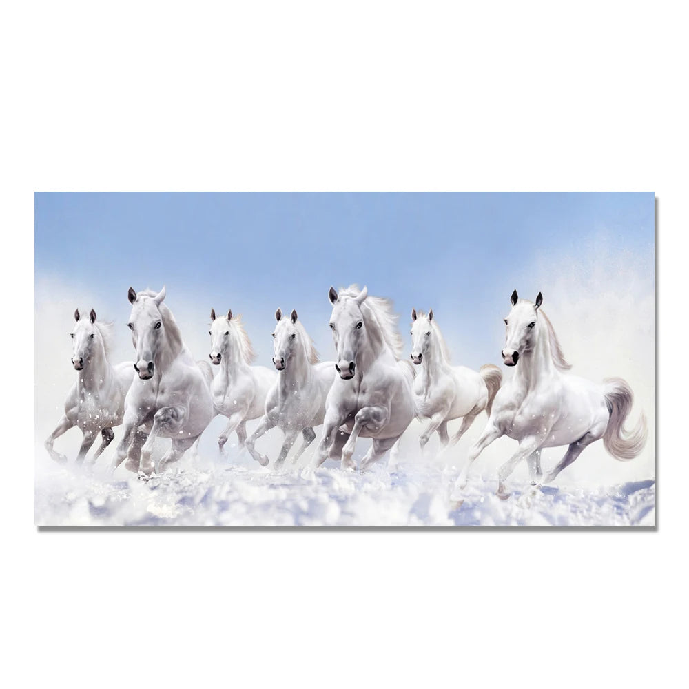 7 White Running Horses Canvas Painting  Animal Posters and Prints Wall Art Picture