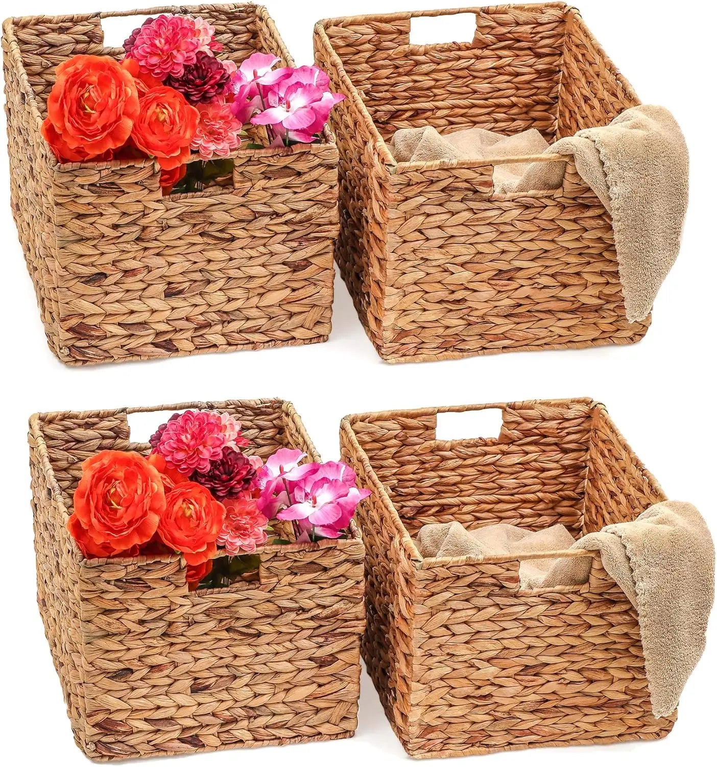 Large Foldable Rectangle Woven Wicker Basket Bins for Storage (Set of 4) The Baskets Fold Flat for Easy Storage