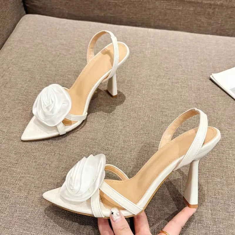 Liyke Fashion Design Green Silk Rose Flowers Women Slippers Sandal Sexy Pointed Open Toe Thin High Heels Summer Party Dress Shoe