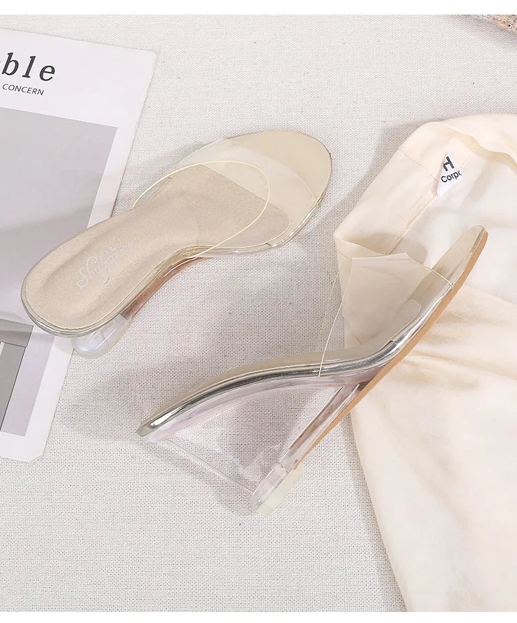 Summer New Women Slippers PVC Jelly Crystal Heel Transparent Women Sexy Clear High Heels Simple Wedge Sandals Pumps Size 34-43