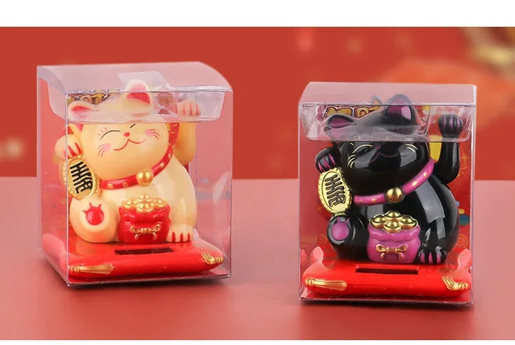 Solar Powered Maneki Neko Lucky Cat Welcoming Chinese Lucky Cat Waving Hand Beckoning Fortune Cat Figurines For Home Decor