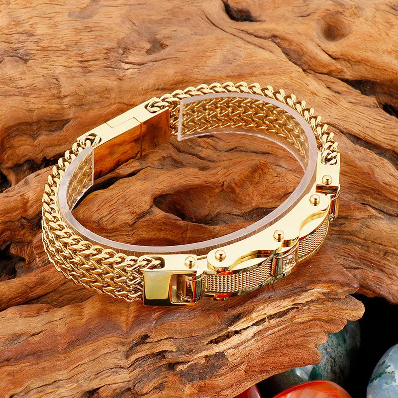 Fashionable and Trendy High-quality Stainless Steel Electroplated Gold Color Inlaid Zircon Men's Bracelet As A Gift To Friends