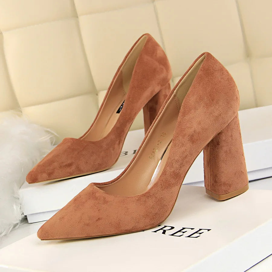 Women 8.5cm High Heels Elegant Pumps Lady Wedding Block Heels Scarpins Flock Suede Red Brown Nightclub Event Party Office Shoes