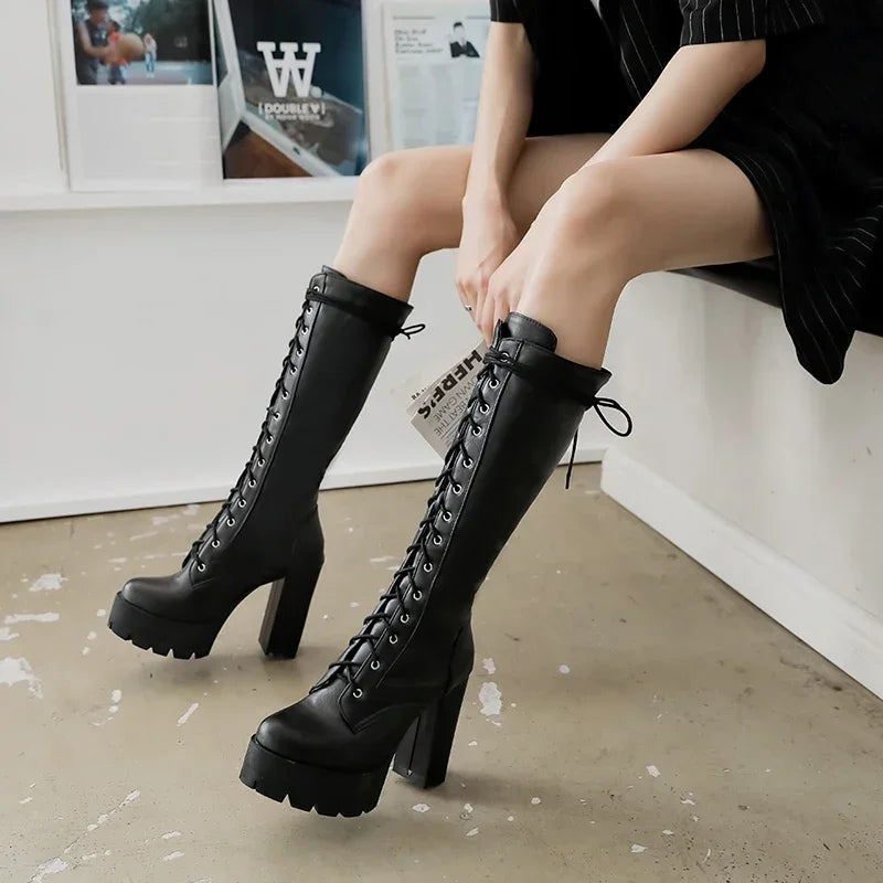 Women Black White High Heels Knee High Boots Ladies Autumn Winter Modern Platform Long Boots Shoes Bottes Plateforme Femme