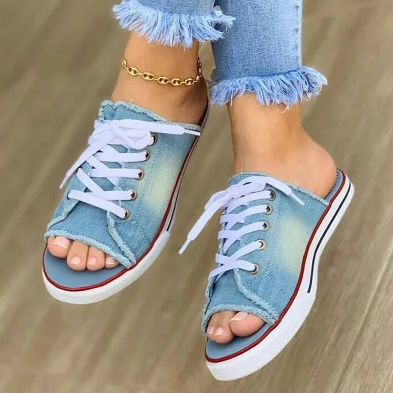 Ladies Slippers Canvas  Lace-up  Open-toed New Flat-Bottom  Casual Women Fashion Denim Beach Shoes 35-43