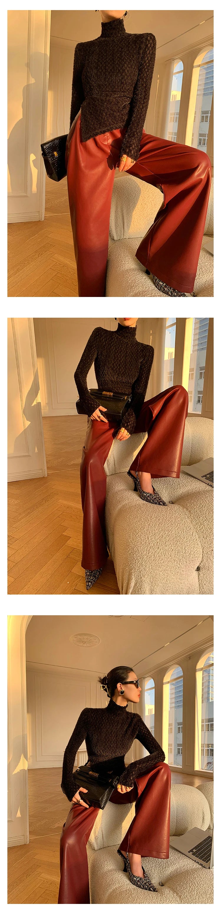 Lautaro Spring Autumn Loose Casual Soft Black Burgundy Pu Leather Wide Leg Pants for Women High Waist Korean Style Fashion 2023