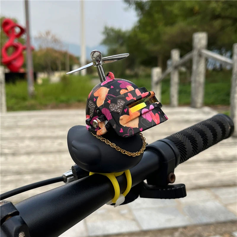 Car Ornaments Bicycle Horns Squeeze Black Duck with Straps Helmet, Silicone Elasticity Belt Bike Bell for Kids Sport Outdoor