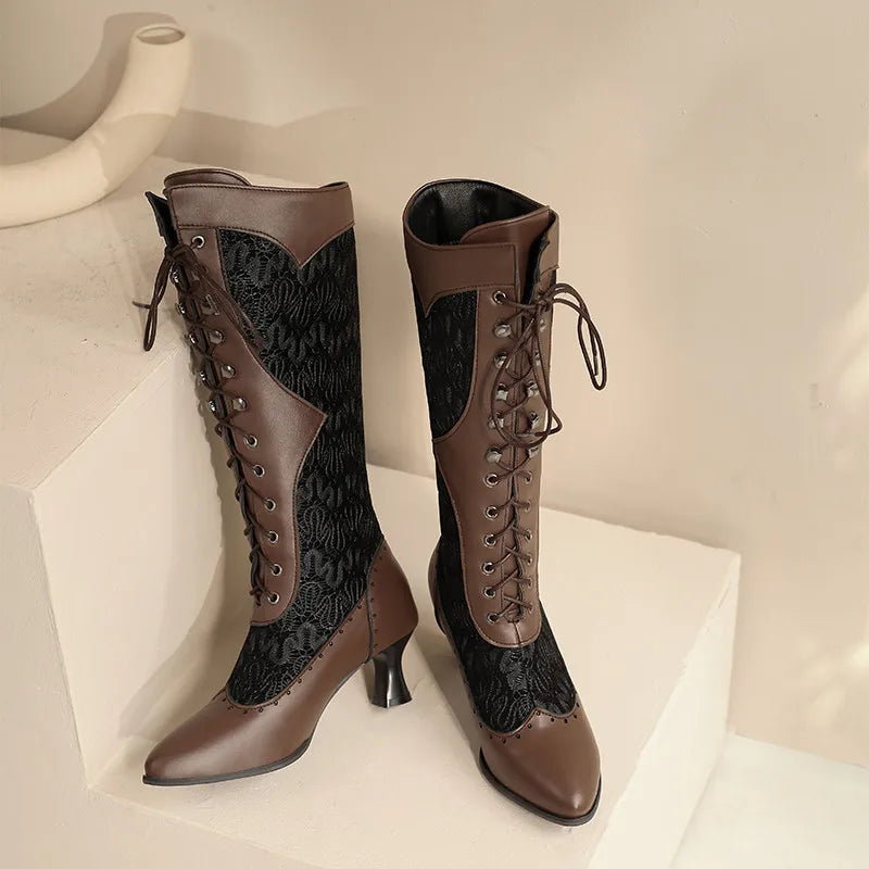 Retro Women Mid-calf Boots Victorian Black Brown Leather High Kitten Heel Party Wedding Lady Pointed Toe Lace Cosplay Half Boots