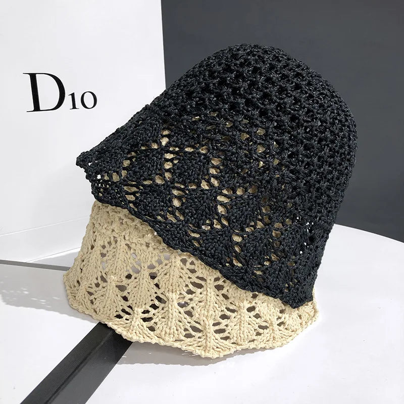 Korean v Niche Bucket Hat Female Summer Hollowed Out Woven Straw Hat Sun Proof Face Covering Fisherman Hat Korean Version Sun Vi