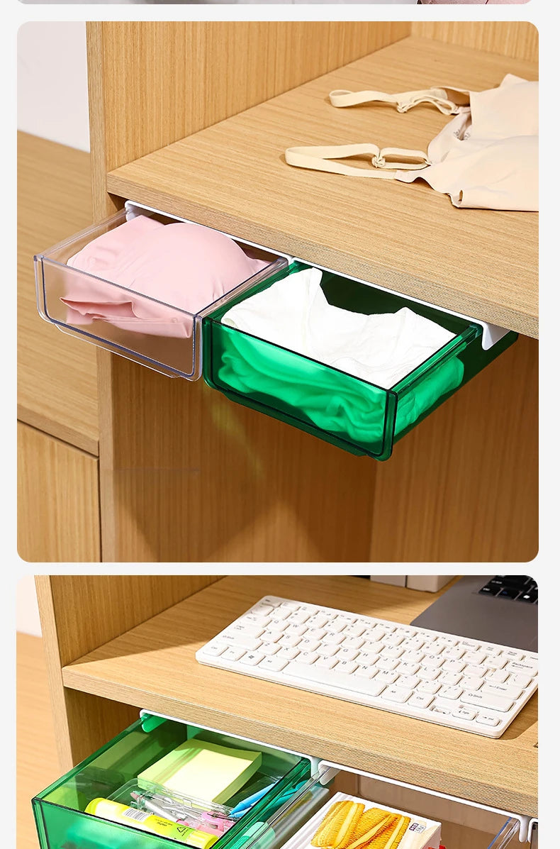 Undertable Drawer Storage Box Hidden Hanging Bedroom Dormitory Office Table Pasting Non Punching Table Bottom Sorting