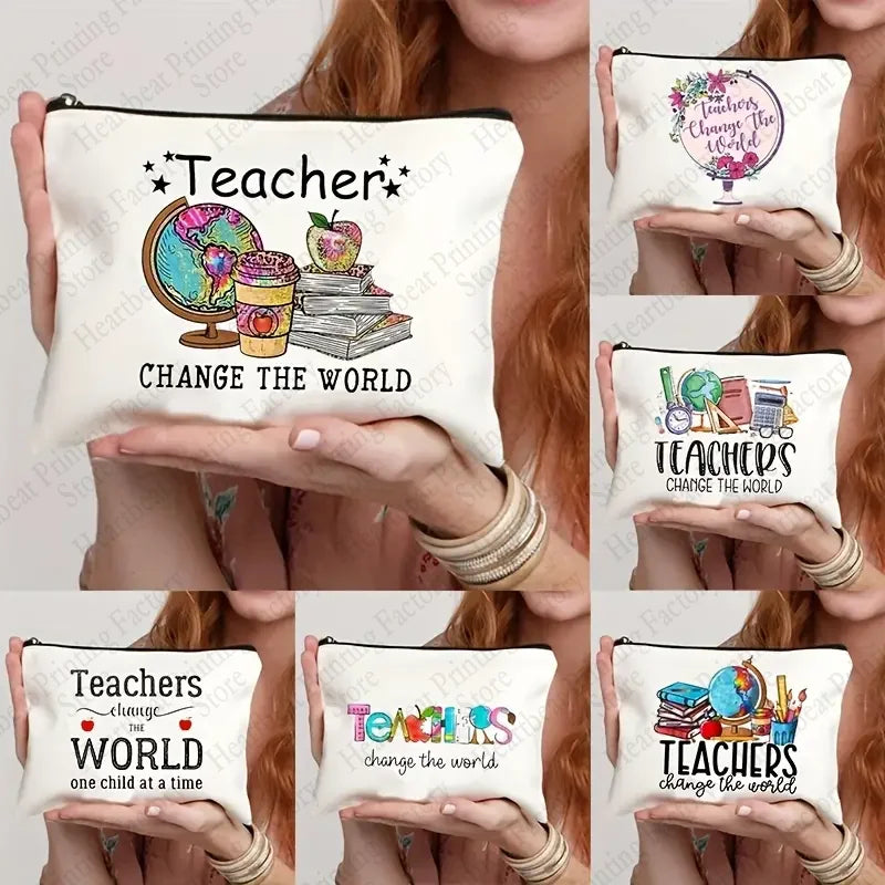 Teacher Change The World Print Cosmetics Bags Toiletry Bag Graduation Gift for Teachers Back To School Pencil Case for Teacher