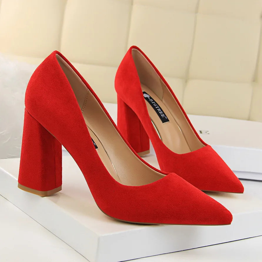 Women 8.5cm High Heels Elegant Pumps Lady Wedding Block Heels Scarpins Flock Suede Red Brown Nightclub Event Party Office Shoes