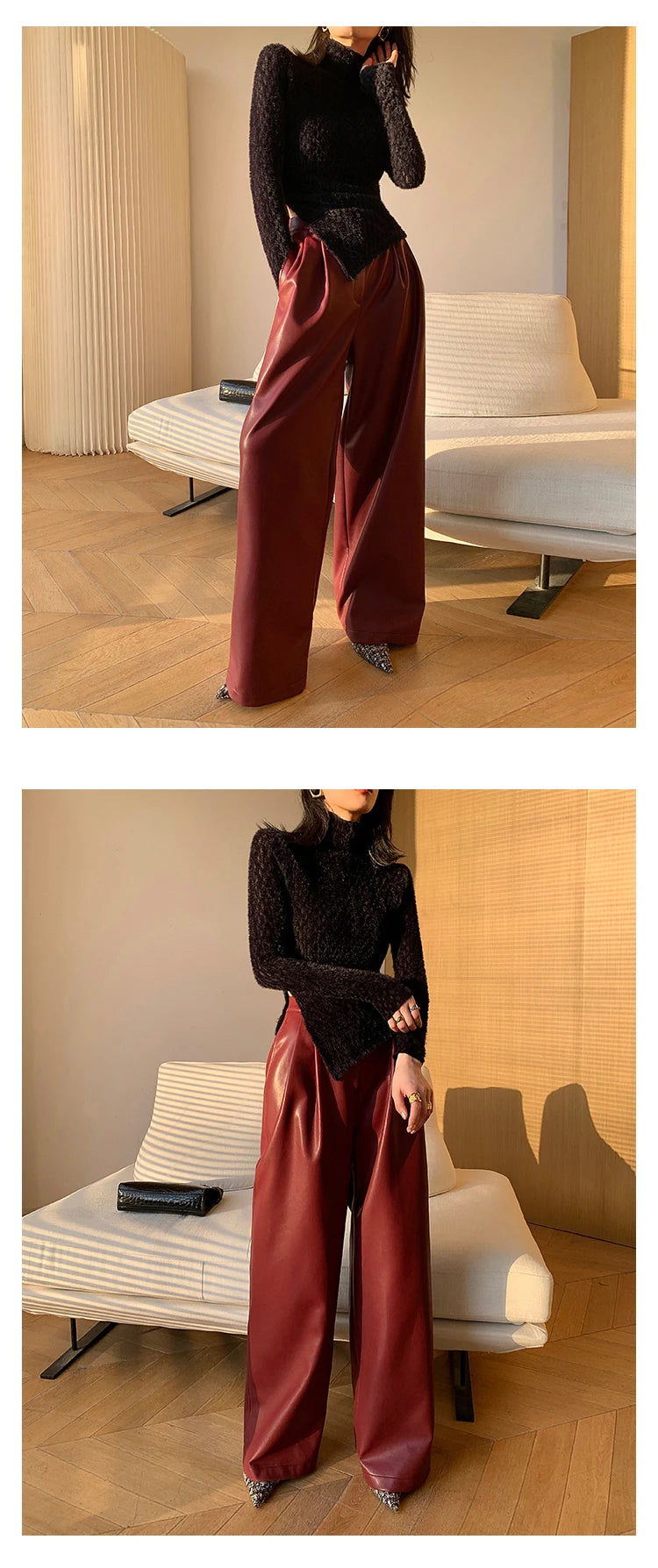 Lautaro Spring Autumn Loose Casual Soft Black Burgundy Pu Leather Wide Leg Pants for Women High Waist Korean Style Fashion 2023