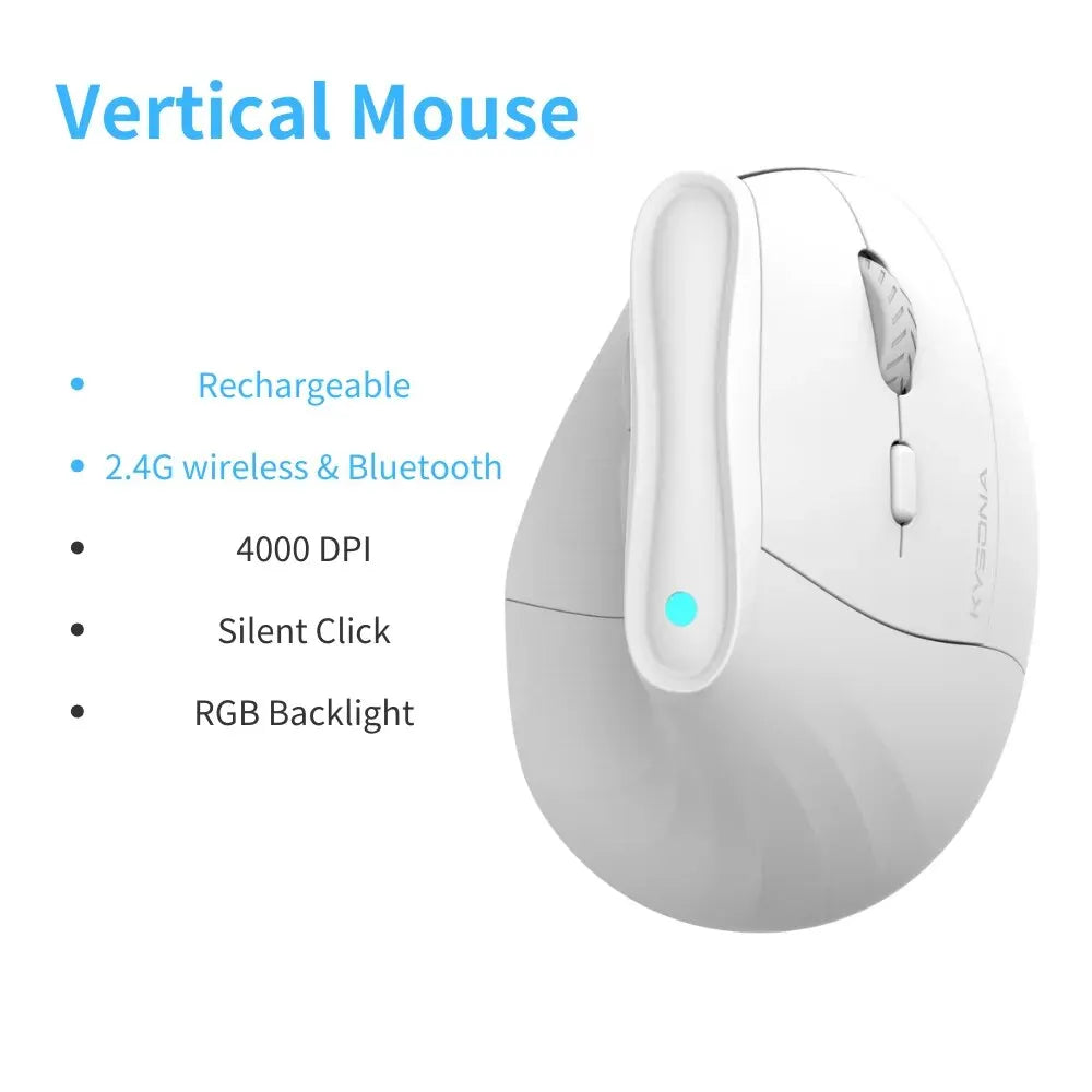 Kysona Vertical Mouse Wireless Bluetooth Ergonomic RGB Rechargeable 4000DPI 6 Mute Buttons for Tablet Laptops Computer PC Mice