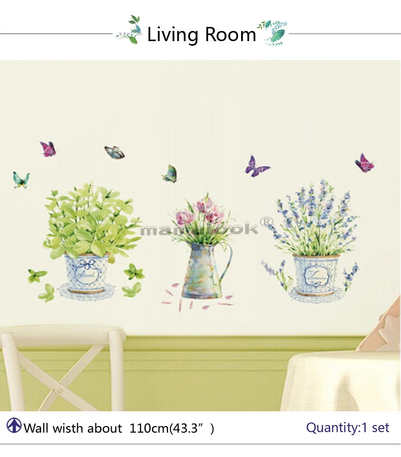 Wall Stickers DIY Butterfly Potted Flower Pot Wallpaper Sticker For Wall Waterproof  Home Decoration  Wall Art Self-adhesive