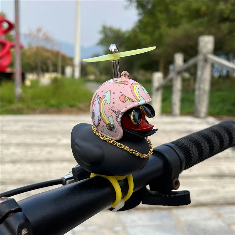 Car Ornaments Bicycle Horns Squeeze Black Duck with Straps Helmet, Silicone Elasticity Belt Bike Bell for Kids Sport Outdoor