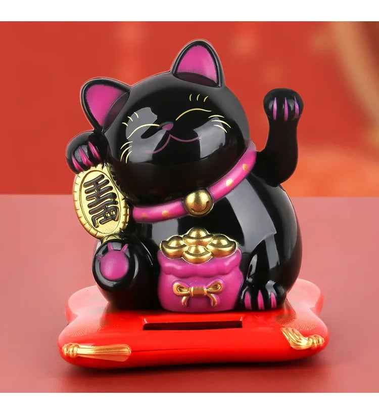 Solar Powered Maneki Neko Lucky Cat Welcoming Chinese Lucky Cat Waving Hand Beckoning Fortune Cat Figurines For Home Decor