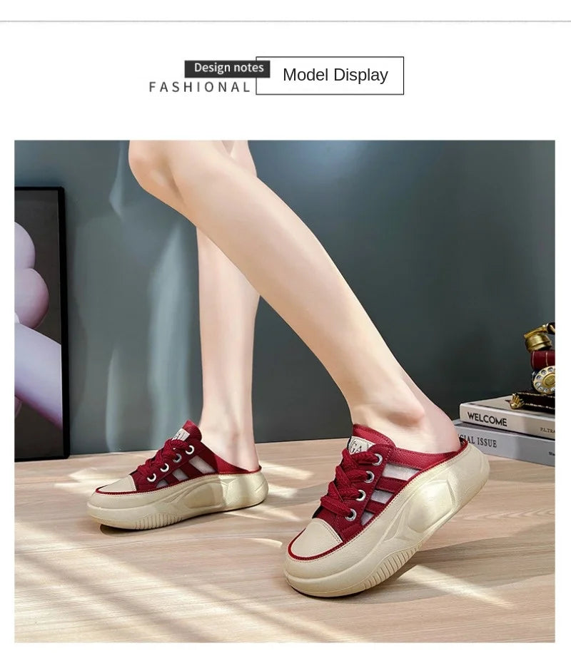 Retro Casual Beach Shoes for Women Summer Half Slippers Baotou Hollow Lace Up Platform Sandals Ladies Outdoor Pu Slipper