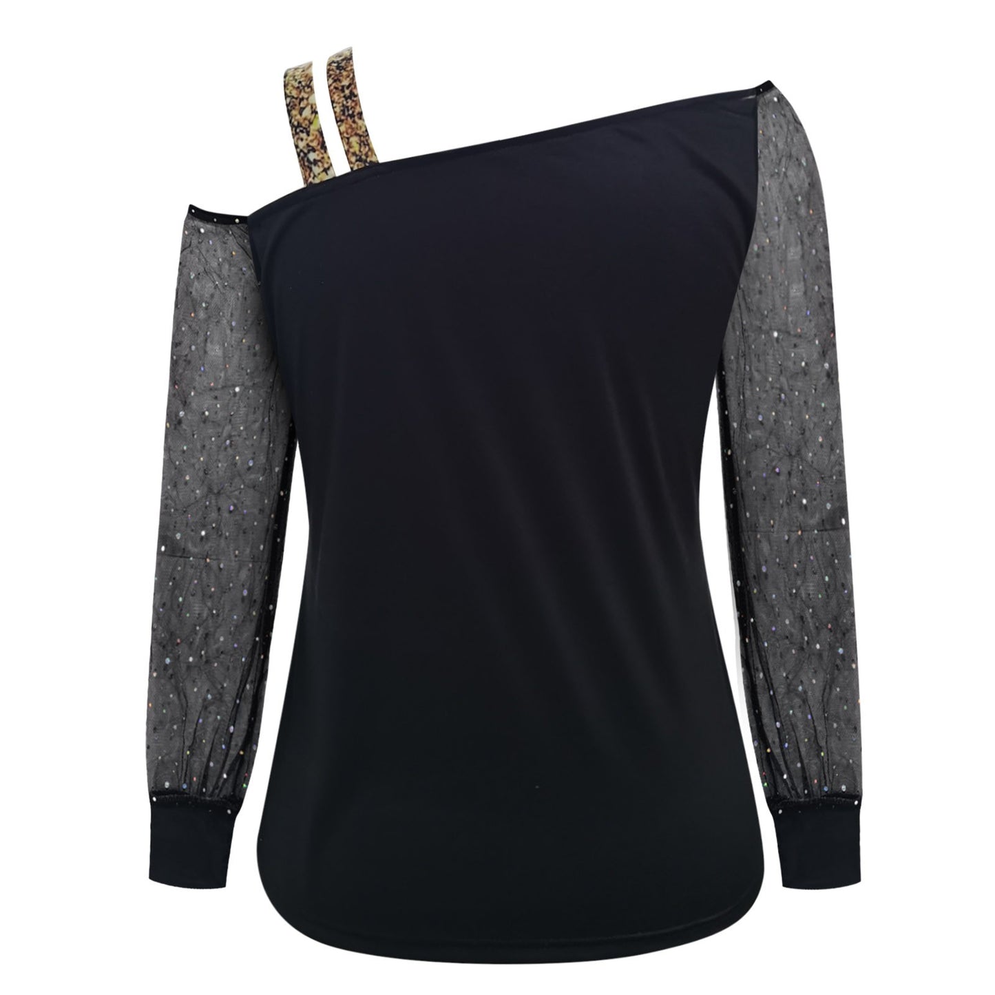 Summer Casual Long Sleeve Women Tops Sequin Print Sexy Mesh Blouse Cold Shoulder Black Shirt Slim Tight Shirts Blusas