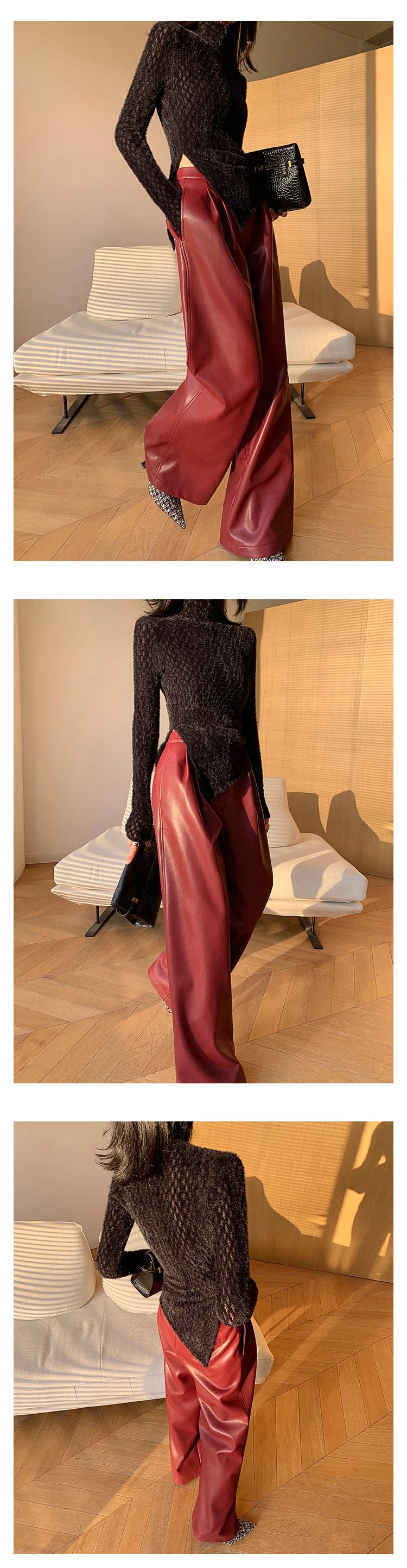 Lautaro Spring Autumn Loose Casual Soft Black Burgundy Pu Leather Wide Leg Pants for Women High Waist Korean Style Fashion 2023