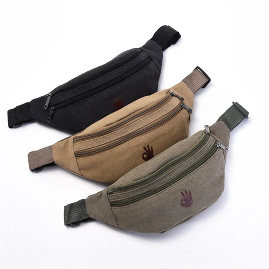 Male Casual Functional Waist Bag Fashional Canvas Purse Creative Ok Gestures Purse Waist Package for Man Canvas Hip Bag