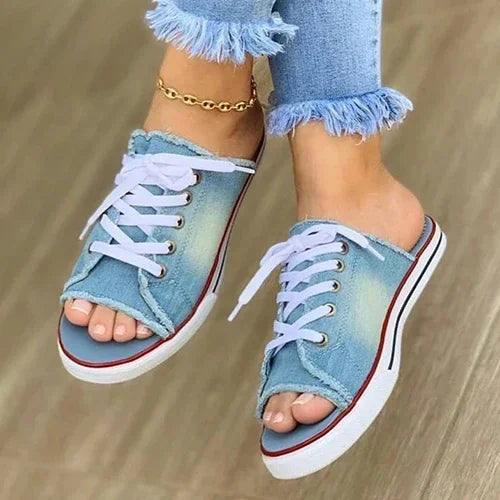 Ladies Slippers Canvas  Lace-up  Open-toed New Flat-Bottom  Casual Women Fashion Denim Beach Shoes 35-43