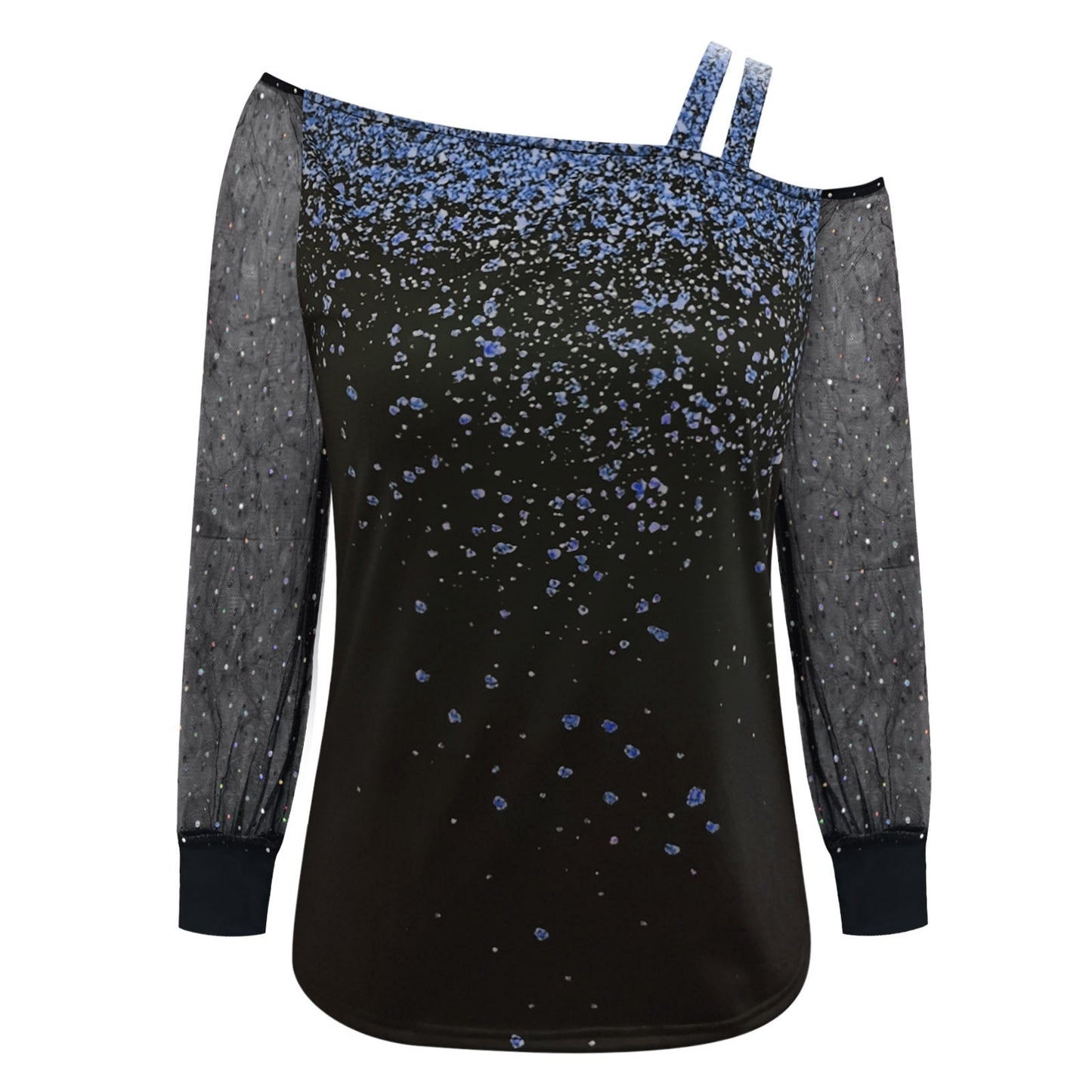 Summer Casual Long Sleeve Women Tops Sequin Print Sexy Mesh Blouse Cold Shoulder Black Shirt Slim Tight Shirts Blusas