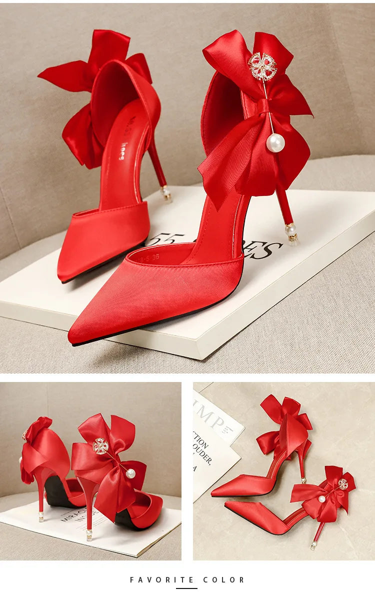 2023 New Bow-knot Women Pumps Designer Shoes High Heels Sandals Women Satin Stiletto Heels Sexy Pearl Wedding Shoes Plus Size 43