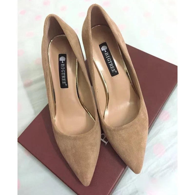 Women 8.5cm High Heels Elegant Pumps Lady Wedding Block Heels Scarpins Flock Suede Red Brown Nightclub Event Party Office Shoes