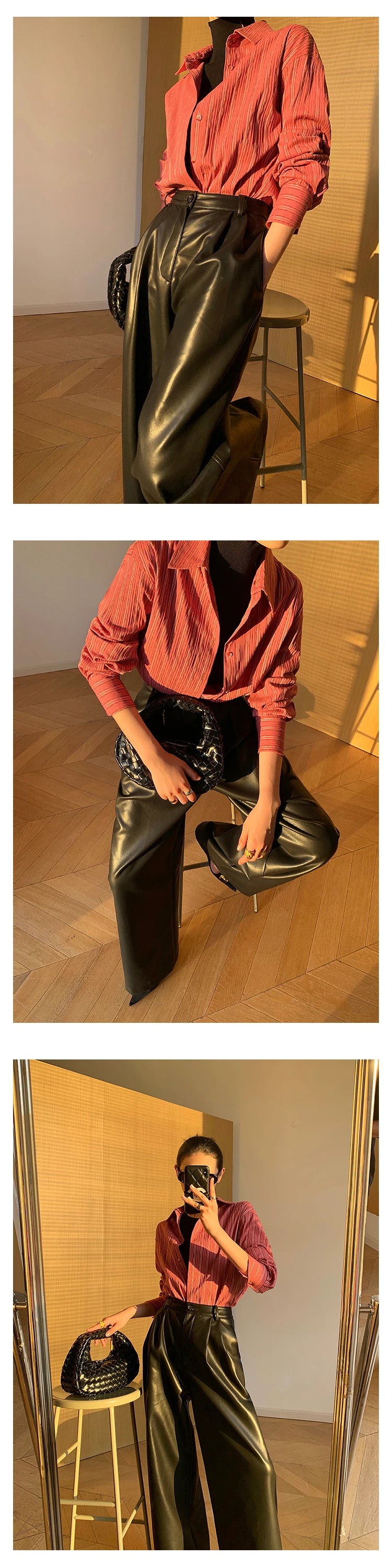 Lautaro Spring Autumn Loose Casual Soft Black Burgundy Pu Leather Wide Leg Pants for Women High Waist Korean Style Fashion 2023