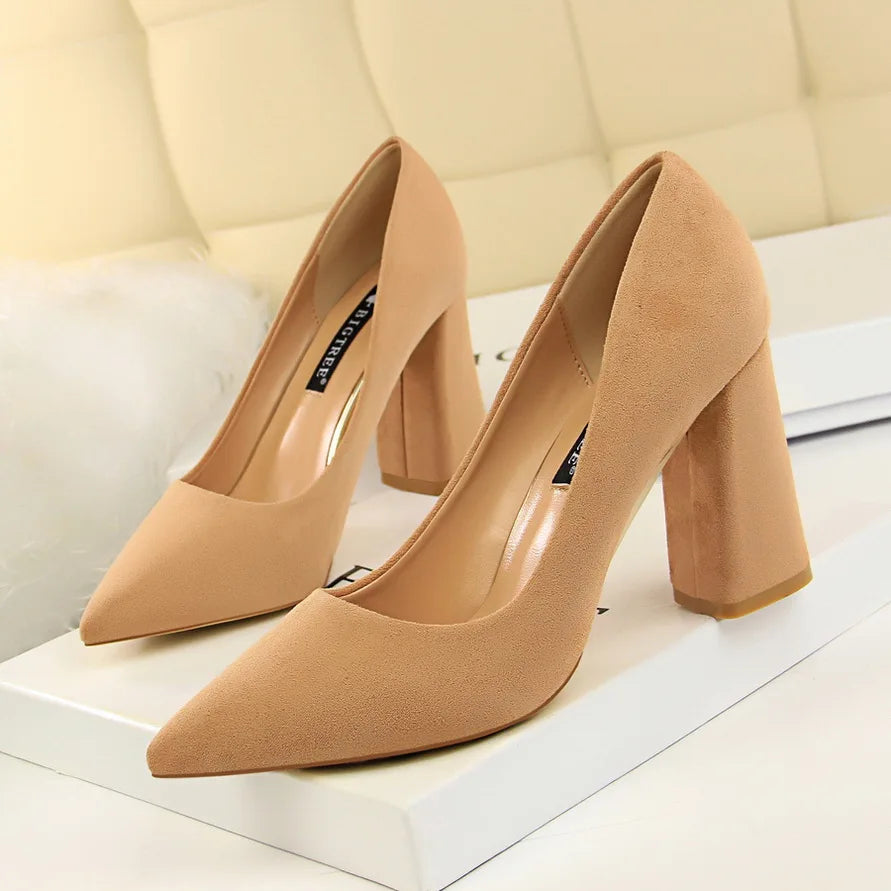 Women 8.5cm High Heels Elegant Pumps Lady Wedding Block Heels Scarpins Flock Suede Red Brown Nightclub Event Party Office Shoes