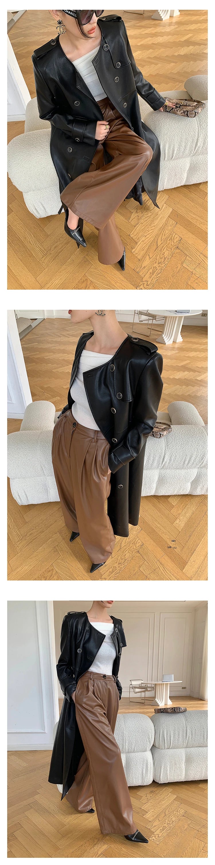 Lautaro Spring Autumn Loose Casual Soft Black Burgundy Pu Leather Wide Leg Pants for Women High Waist Korean Style Fashion 2023