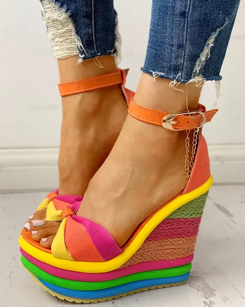 Sandals Women Women's Muffin Wedges High Multicolor Patchwork Sandals Colorful  Roman Shoes Sandals High Heels Espadrilles