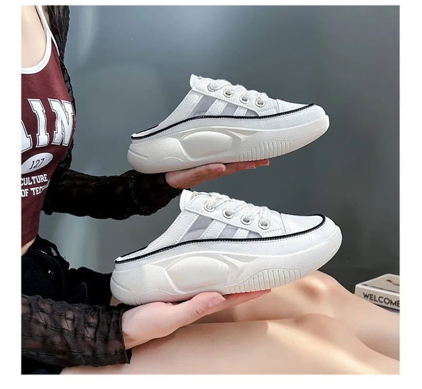 Retro Casual Beach Shoes for Women Summer Half Slippers Baotou Hollow Lace Up Platform Sandals Ladies Outdoor Pu Slipper