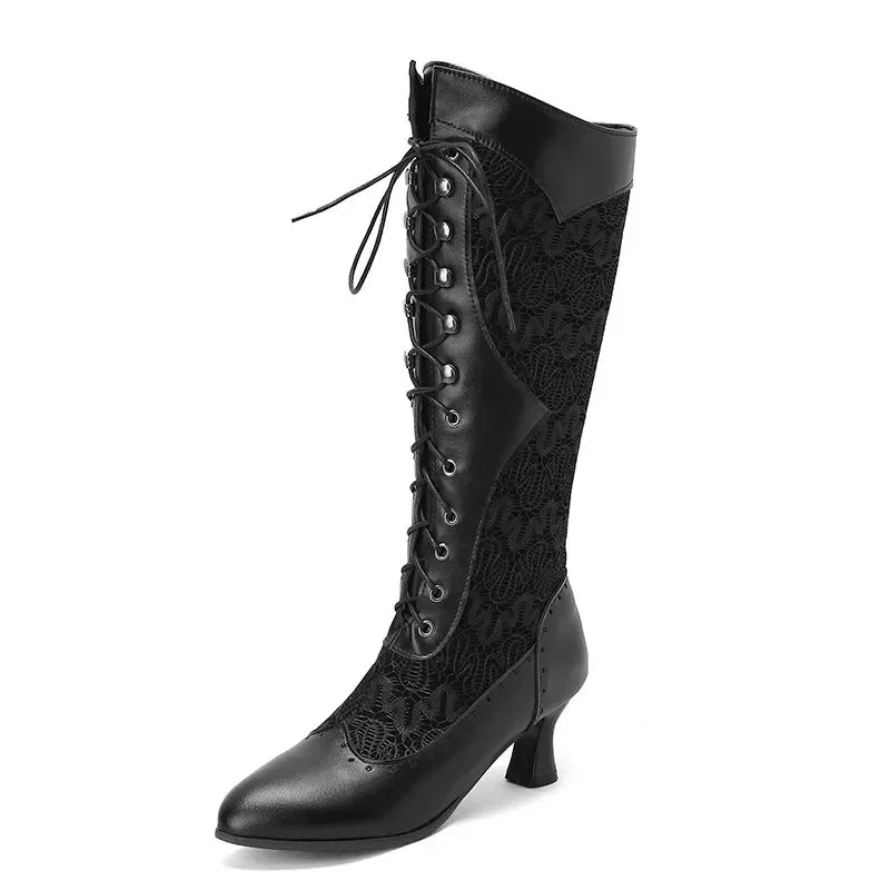 Retro Women Mid-calf Boots Victorian Black Brown Leather High Kitten Heel Party Wedding Lady Pointed Toe Lace Cosplay Half Boots