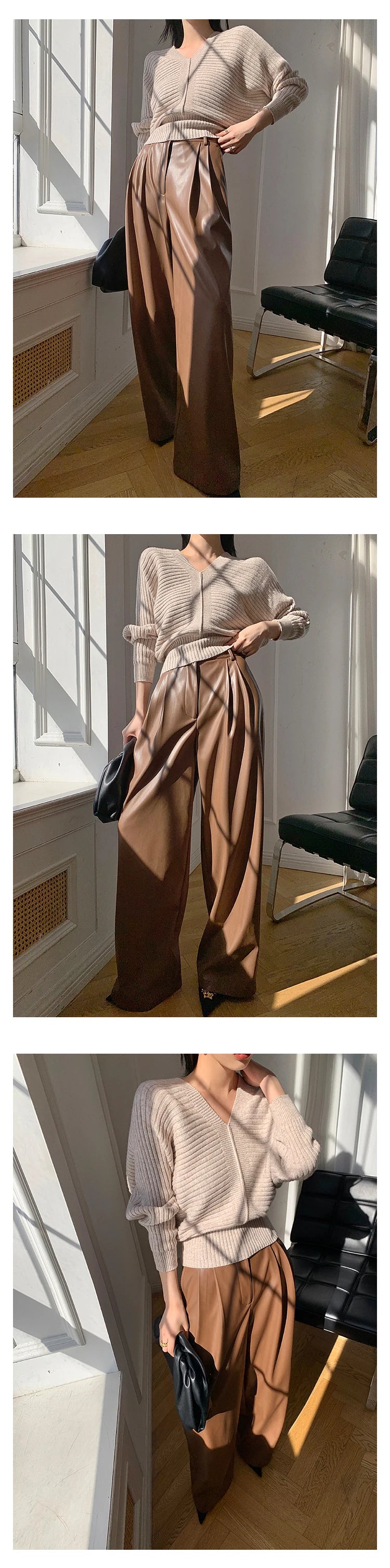 Lautaro Spring Autumn Loose Casual Soft Black Burgundy Pu Leather Wide Leg Pants for Women High Waist Korean Style Fashion 2023