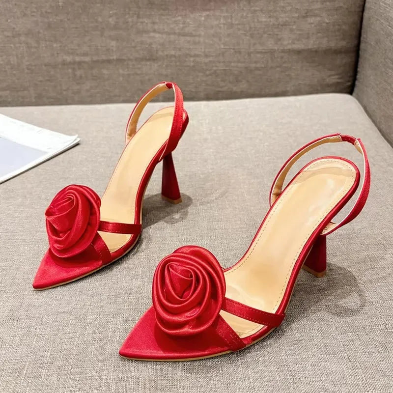 Liyke Fashion Design Green Silk Rose Flowers Women Slippers Sandal Sexy Pointed Open Toe Thin High Heels Summer Party Dress Shoe