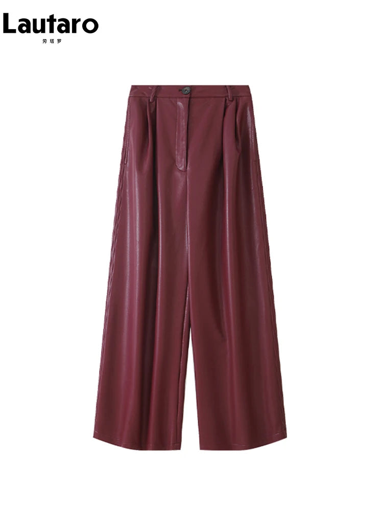 Lautaro Spring Autumn Loose Casual Soft Black Burgundy Pu Leather Wide Leg Pants for Women High Waist Korean Style Fashion 2023