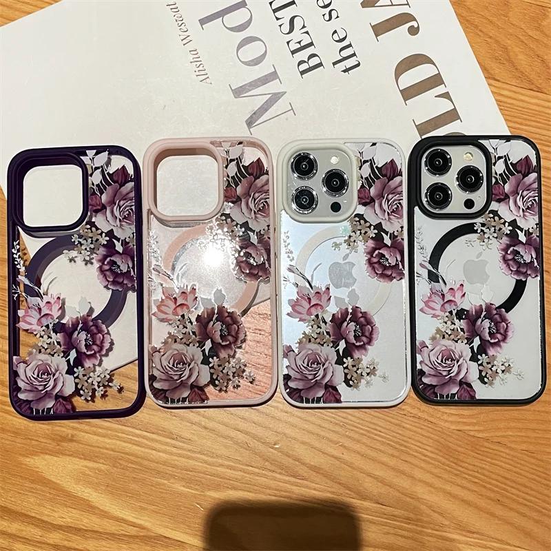 Luxury Flower Pattern Magnetic For Magsafe Candy Frame Case For iPhone 16 15 14 13 12 11 Pro Max Pro Max Wireless Charge Cover