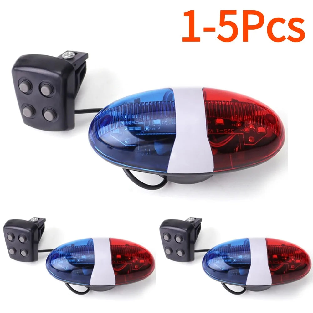 Bicycle Police Siren 4 Sounds Melody Bicycle Power Horn Siren Bell 6-LED Strobe Blue and Red Bicycle Safety Light for Kids Bike