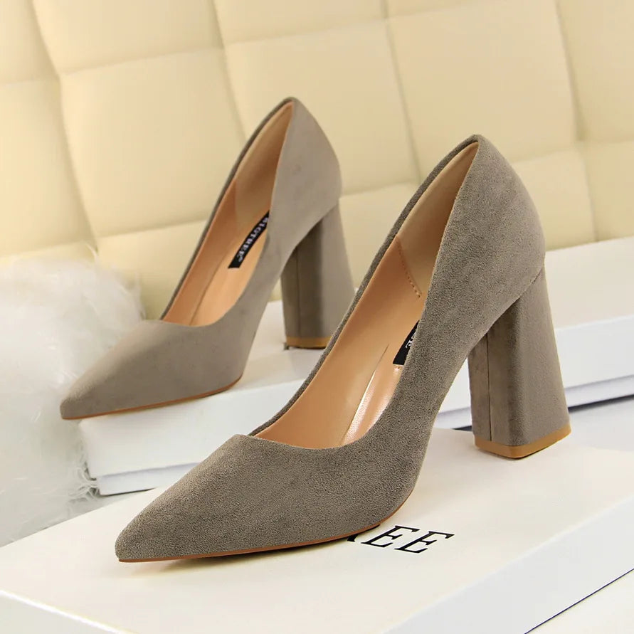 Women 8.5cm High Heels Elegant Pumps Lady Wedding Block Heels Scarpins Flock Suede Red Brown Nightclub Event Party Office Shoes