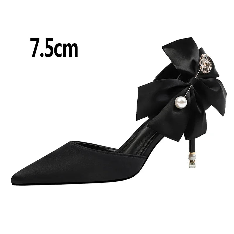 2023 New Bow-knot Women Pumps Designer Shoes High Heels Sandals Women Satin Stiletto Heels Sexy Pearl Wedding Shoes Plus Size 43