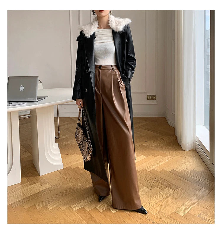 Lautaro Spring Autumn Loose Casual Soft Black Burgundy Pu Leather Wide Leg Pants for Women High Waist Korean Style Fashion 2023