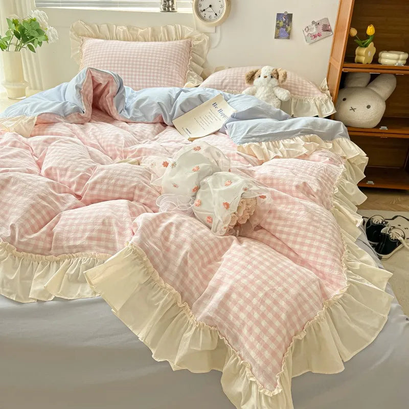 Ruffled Pink Blue Duvet Cover Set Twin Queen Washed Microfiber Ultra Soft Bedding set Grid Duvet Cover Bed Sheet 2 Pillowcases