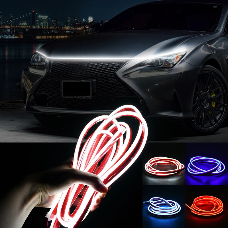 12V Scan Starting Car Hood Light Strip LED Daytime Running Light Waterproof Auto Engine Hood Guide Decorative Ambient Neon Lamp