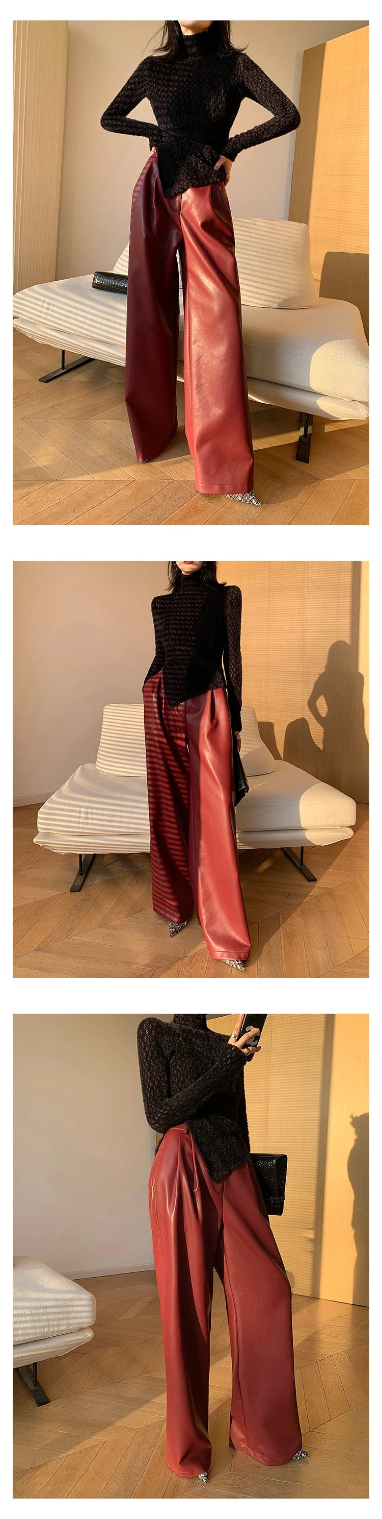 Lautaro Spring Autumn Loose Casual Soft Black Burgundy Pu Leather Wide Leg Pants for Women High Waist Korean Style Fashion 2023