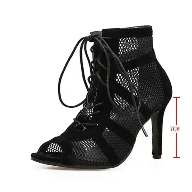 Sexy High Heels Hollow Mesh Sandals Women Summer Cross-tied Peep Toe Heeled Sandals Ankle Strap Dance Shoes Black Net Sandals